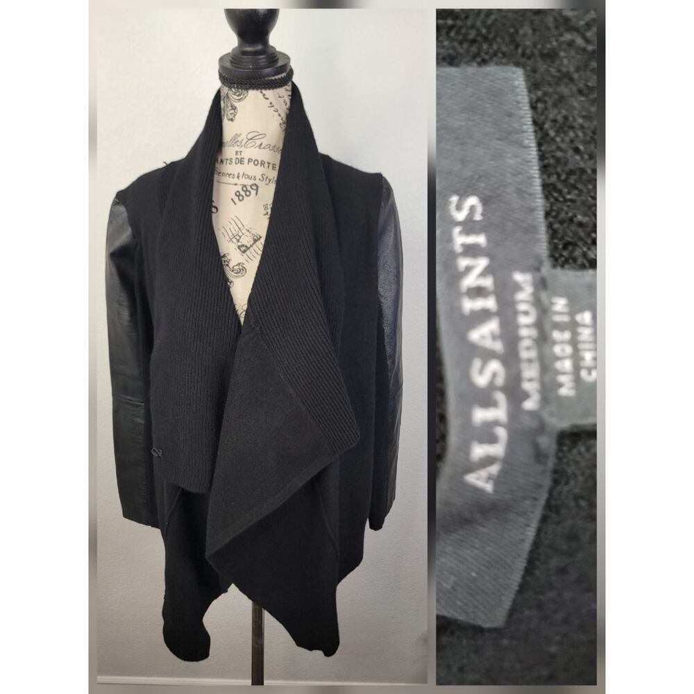 AllSaints Lucia Merino Wool And Leather Cardigan Sz M Relaxed Fit Black - Picture 2 of 14